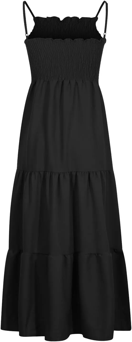Womens Summer Maxi Dress Spaghetti Strap Smocked Sundress Flowy Tiered Beach Dresses Boho Long Dress Cruise Outfits
