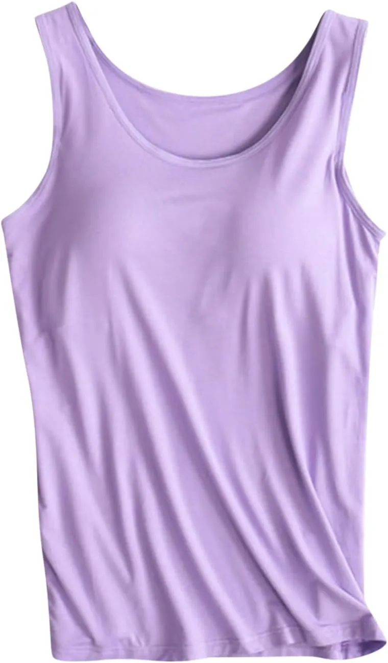 Womens Tank Tops with Built in Bra Crew Neck Sleeveless Basic Shirts Casual Workout Yoga Top Summer Soft Undershirt