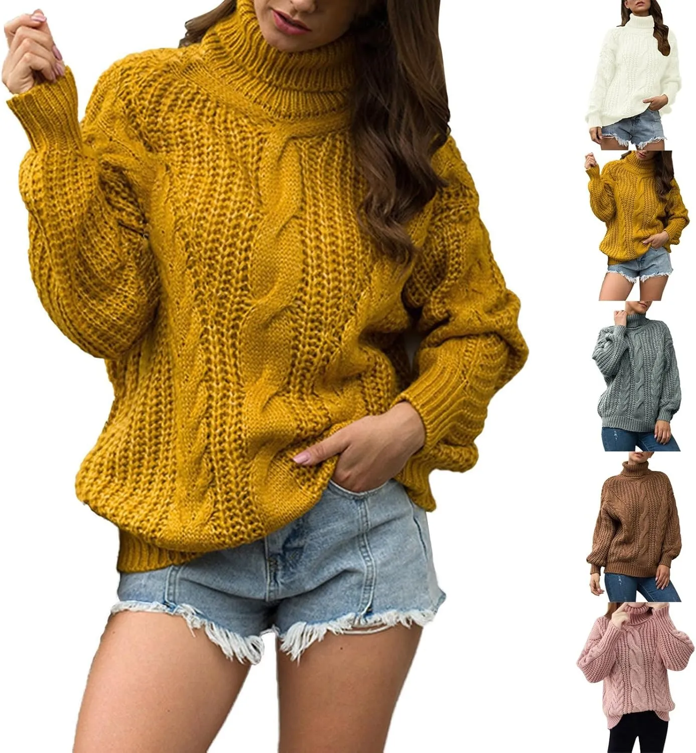 Womens Turtleneck Oversized Sweaters Lanternn Long Sleeve Pullover Loose Chunky Knit Sweater Casual Fall Winter
