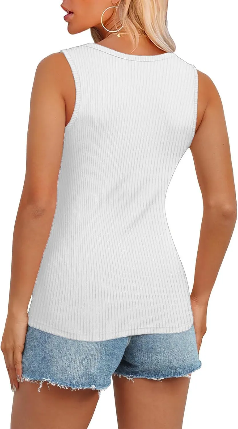 Womens V Neck Tank Tops Summer Ribbed Button Sleeveless Shirts Slim Fit Cami Knitwear Trendy Casual Soft Tee Shirt