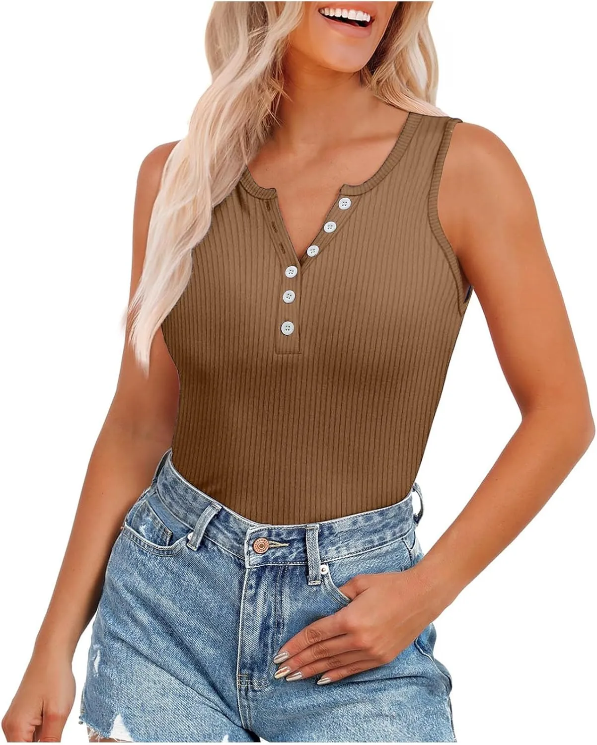 Womens V Neck Tank Tops Summer Ribbed Button Sleeveless Shirts Slim Fit Cami Knitwear Trendy Casual Soft Tee Shirt