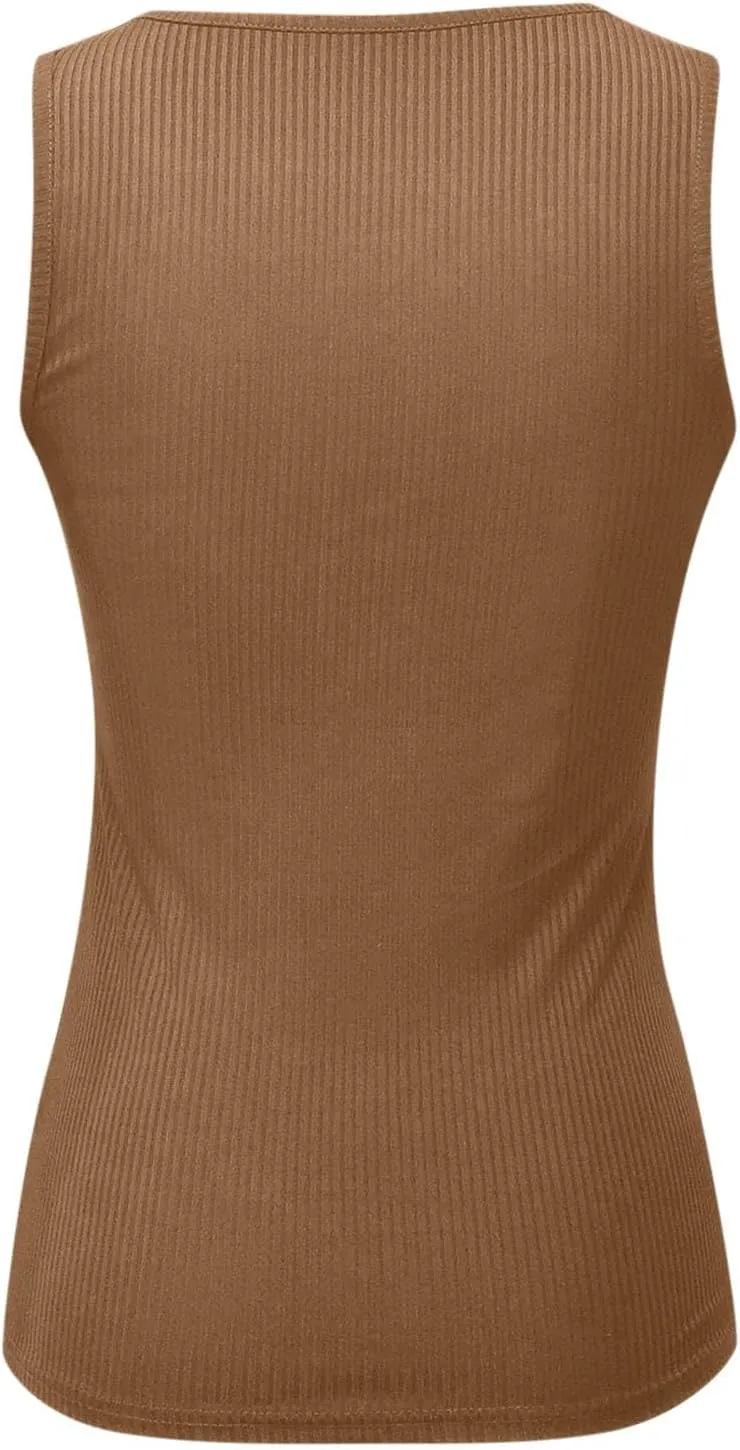 Womens V Neck Tank Tops Summer Ribbed Button Sleeveless Shirts Slim Fit Cami Knitwear Trendy Casual Soft Tee Shirt
