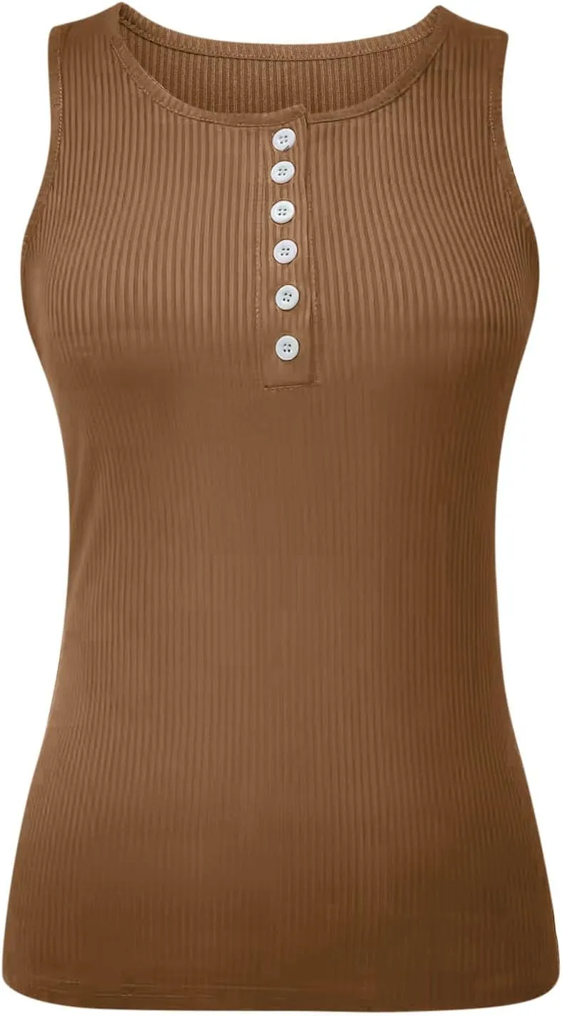 Womens V Neck Tank Tops Summer Ribbed Button Sleeveless Shirts Slim Fit Cami Knitwear Trendy Casual Soft Tee Shirt