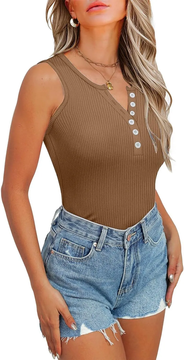 Womens V Neck Tank Tops Summer Ribbed Button Sleeveless Shirts Slim Fit Cami Knitwear Trendy Casual Soft Tee Shirt