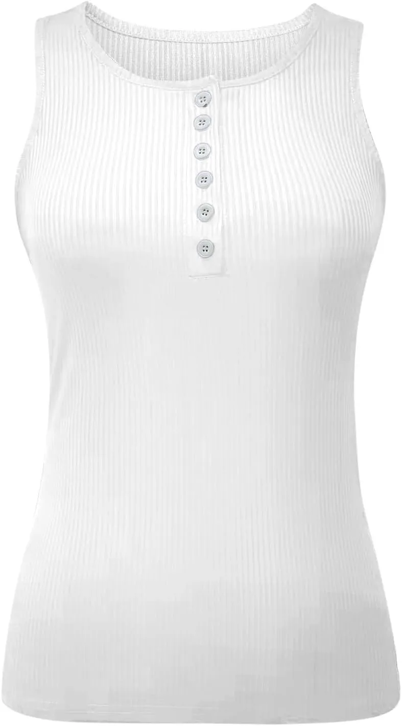 Womens V Neck Tank Tops Summer Ribbed Button Sleeveless Shirts Slim Fit Cami Knitwear Trendy Casual Soft Tee Shirt
