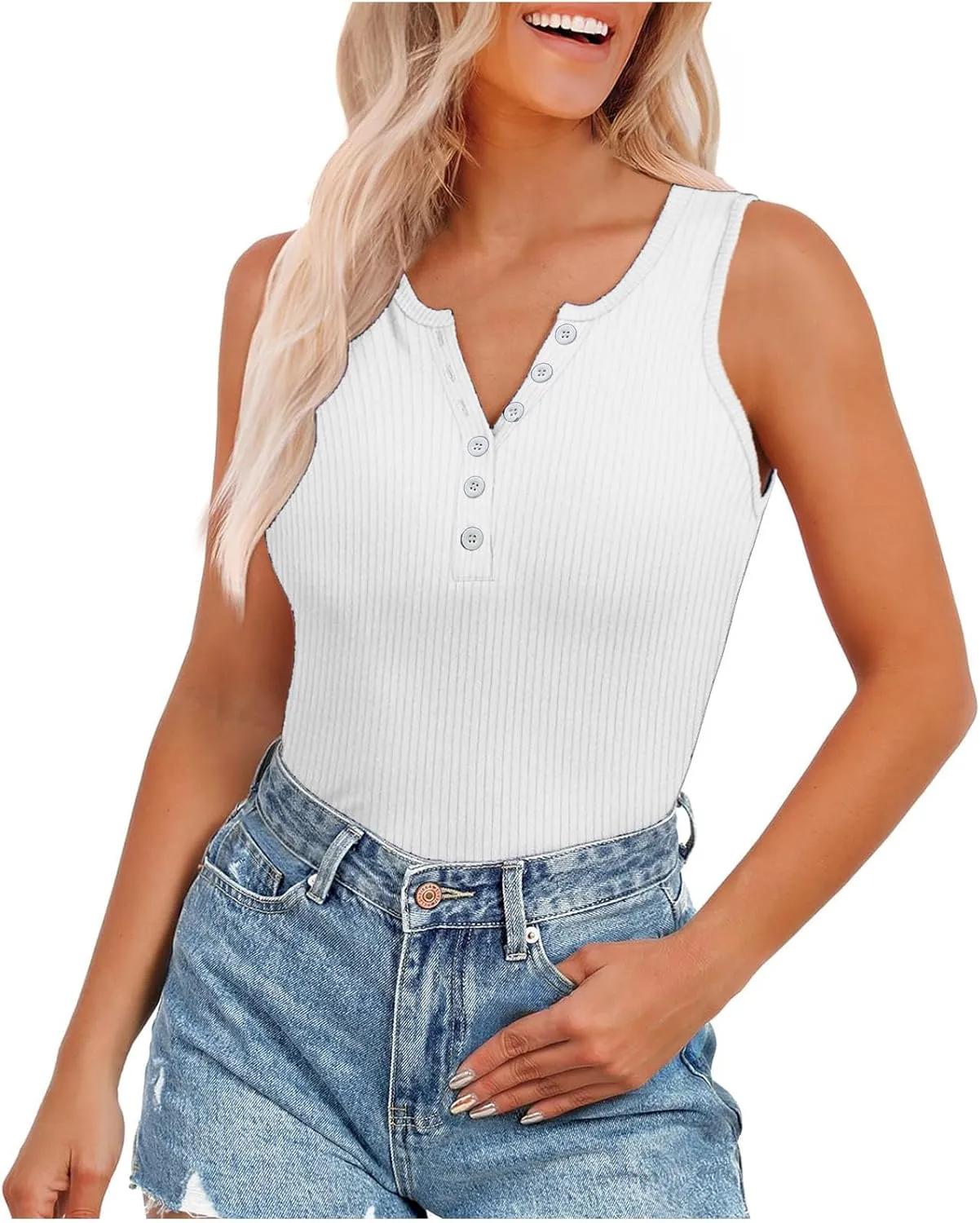 Womens V Neck Tank Tops Summer Ribbed Button Sleeveless Shirts Slim Fit Cami Knitwear Trendy Casual Soft Tee Shirt