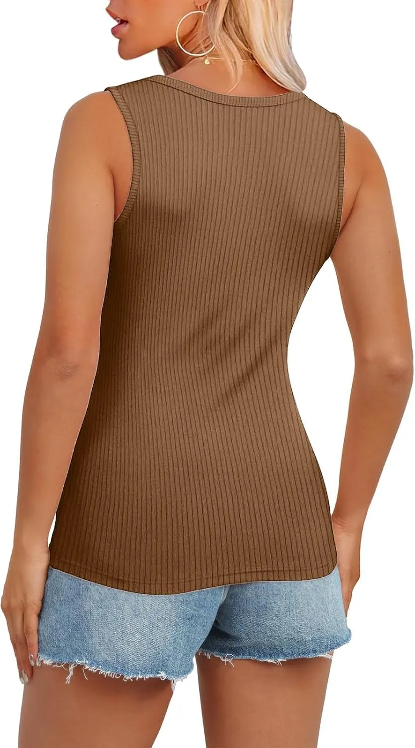 Womens V Neck Tank Tops Summer Ribbed Button Sleeveless Shirts Slim Fit Cami Knitwear Trendy Casual Soft Tee Shirt
