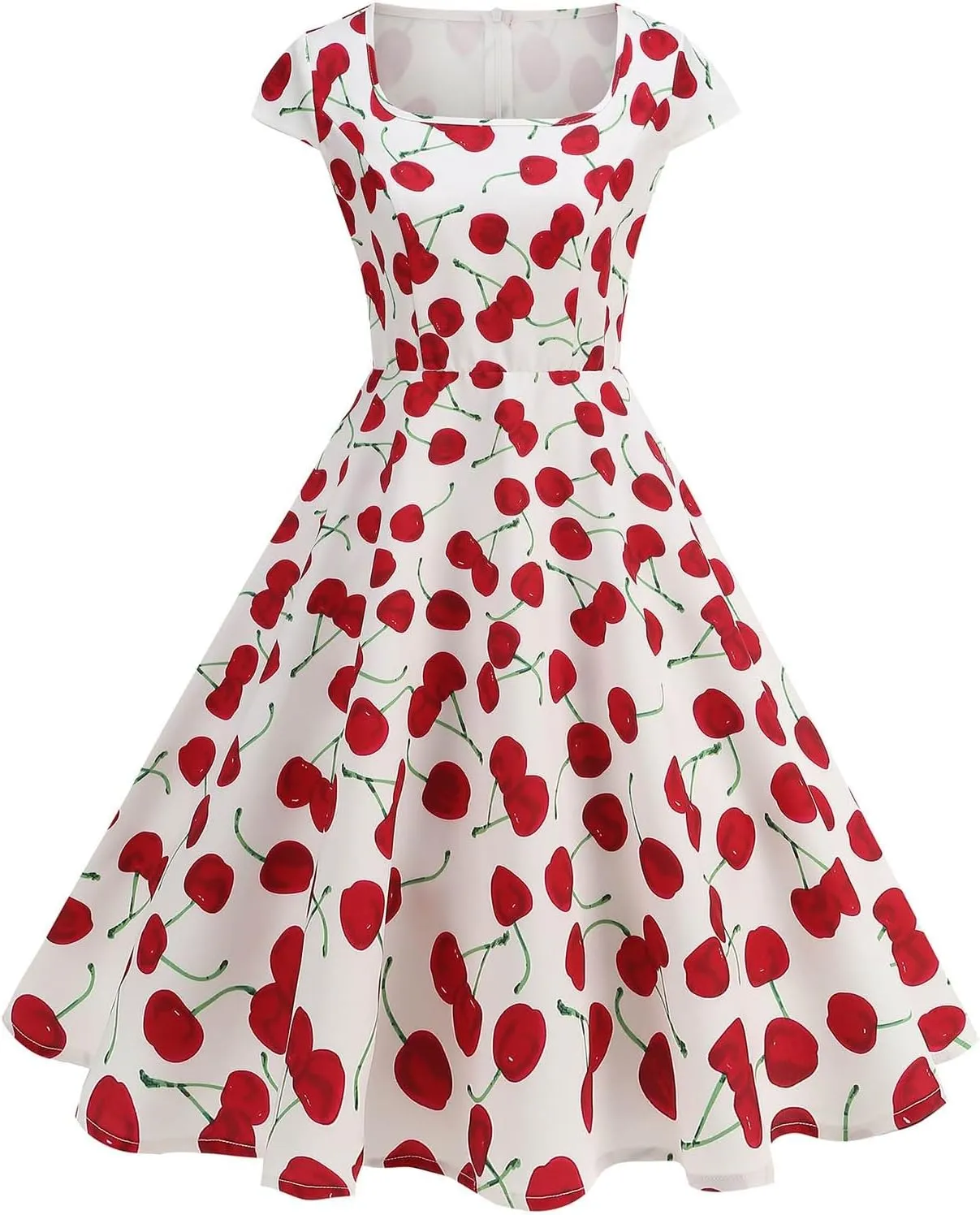 Womens Vintage Floral Cocktail Dress Elegant Tea Party Audrey Hepburn Style Square Neck Pleated A-Line Swing Dresses