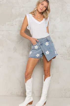 Wrap Front Daisy Embellished Denim Skort