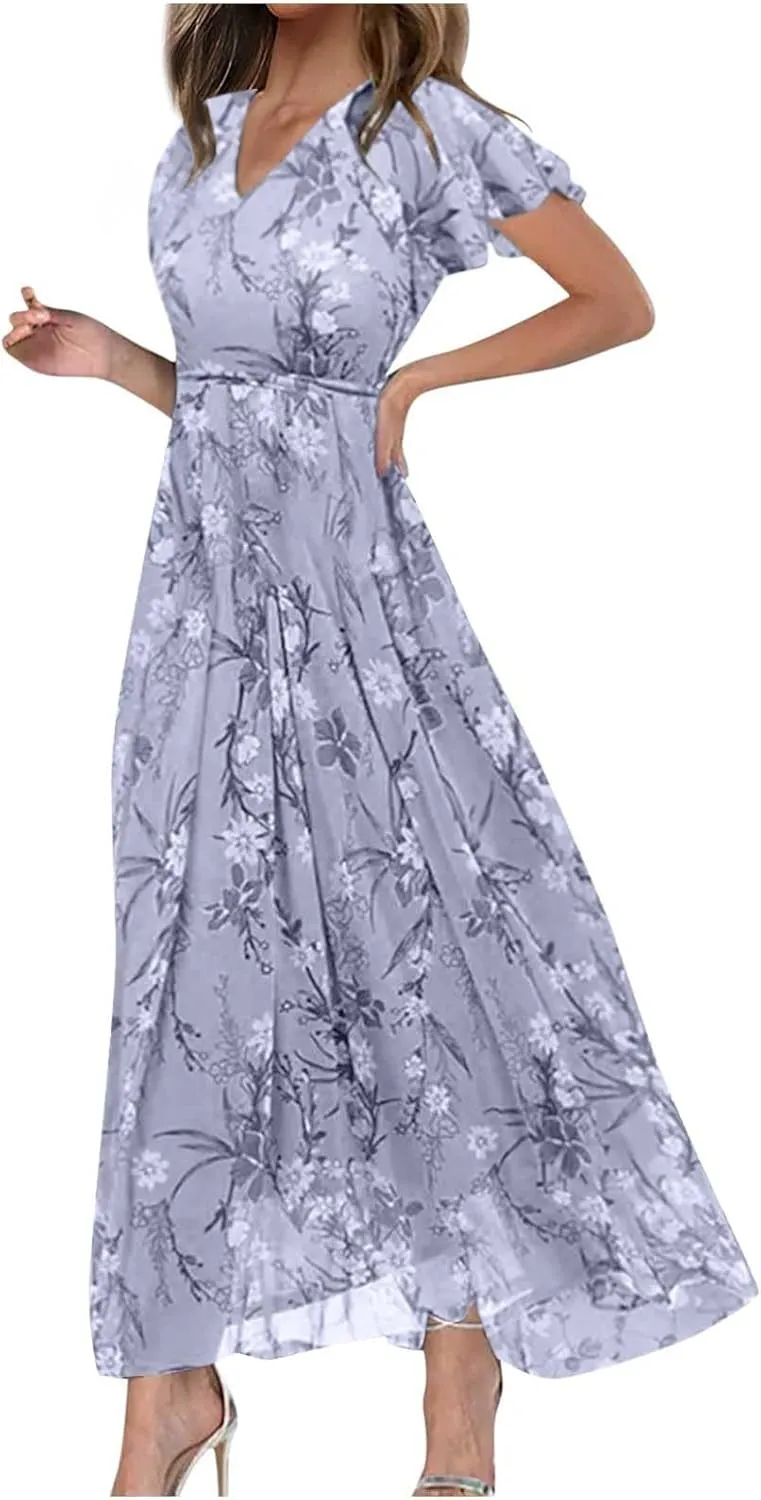 ZYXTIM Women's Summer Floral Boho Dresses Wrap V Neck Short Sleeve Ruffle A-Line Maxi Flowy Dress Pleated Hem Bohemian Outfit
